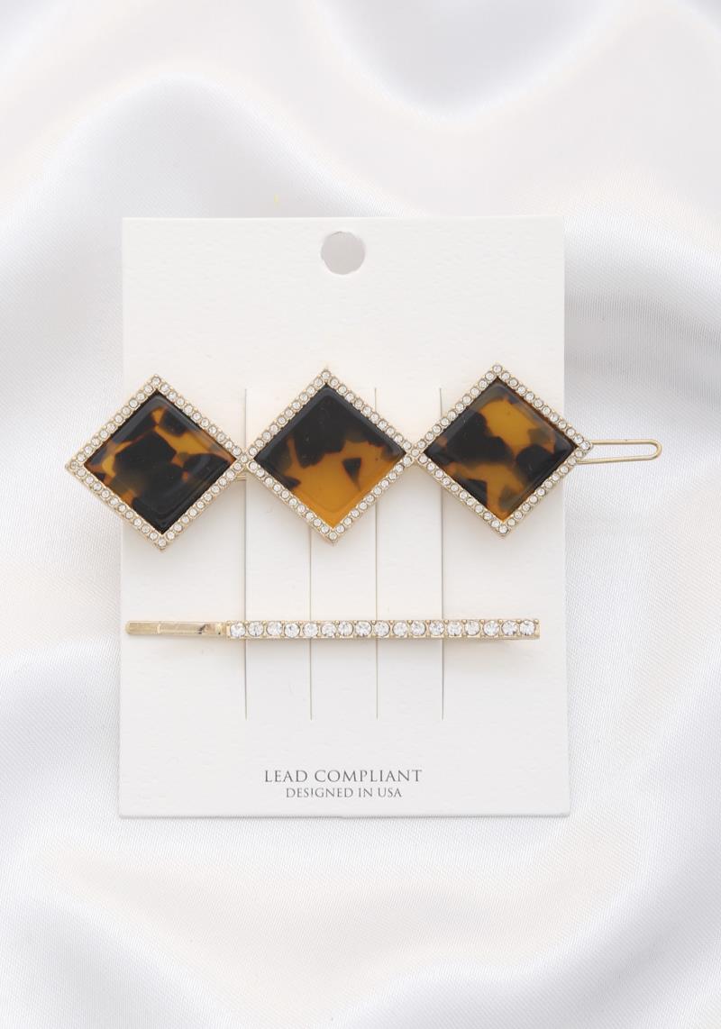 LEOPARD PATTERN RHOMBUS SHAPE RHINESTONE HAIR PIN SET