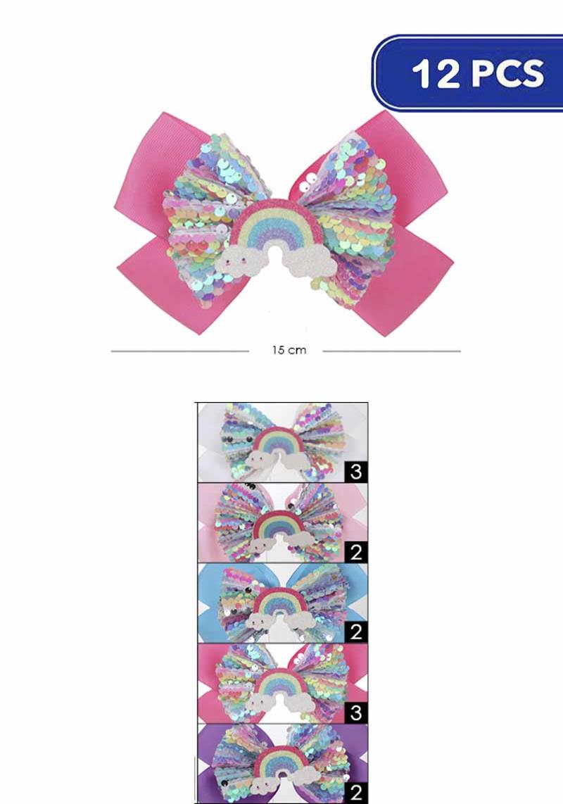 FASHION RAINBOW SEQUIN SPANGLE RIBBON HAIR BOW PIN (12 UNITS)