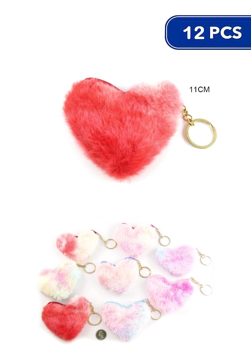 SOFT FAUX FUR HEART POM POUCH KEY CHAIN (12 UNITS)