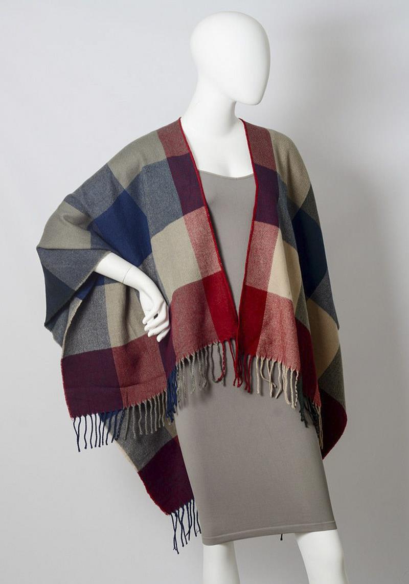 CHECK RUANA WITH TASSEL TRIM