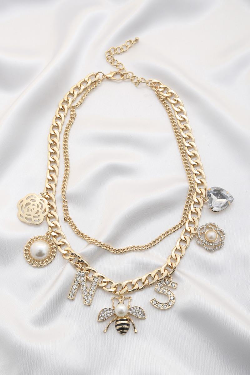 BEE NUMBER 5 CURB LINK LAYERED NECKLACE