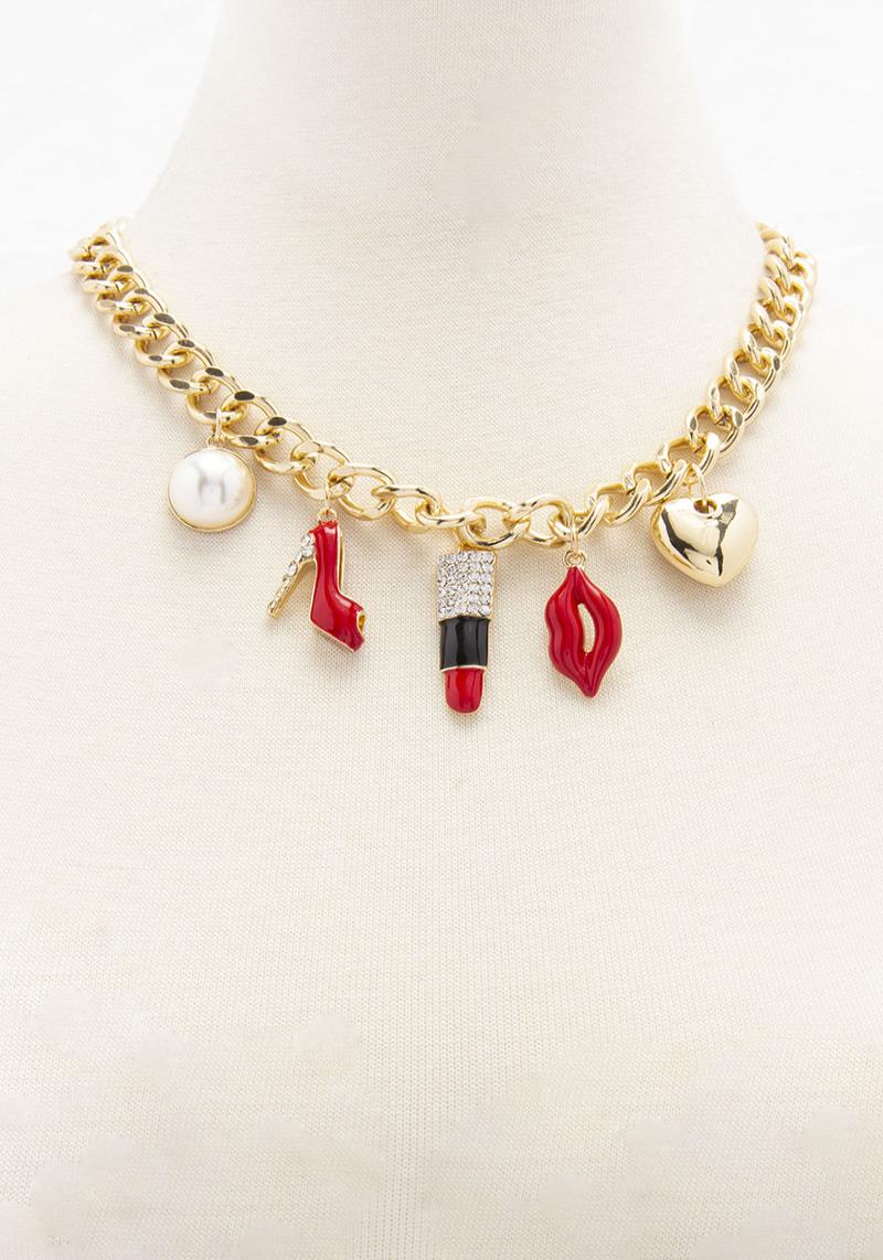 METAL CHUNKY METAL CHAIN WIDE LIP CHARM NECKLACE