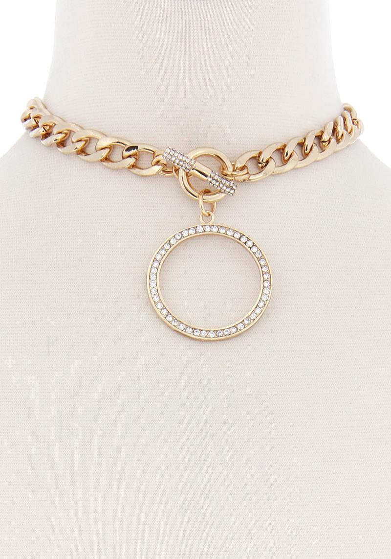 CHUNKY SINGLE METAL CHAIN STONE RING PENDANT NECKLACE