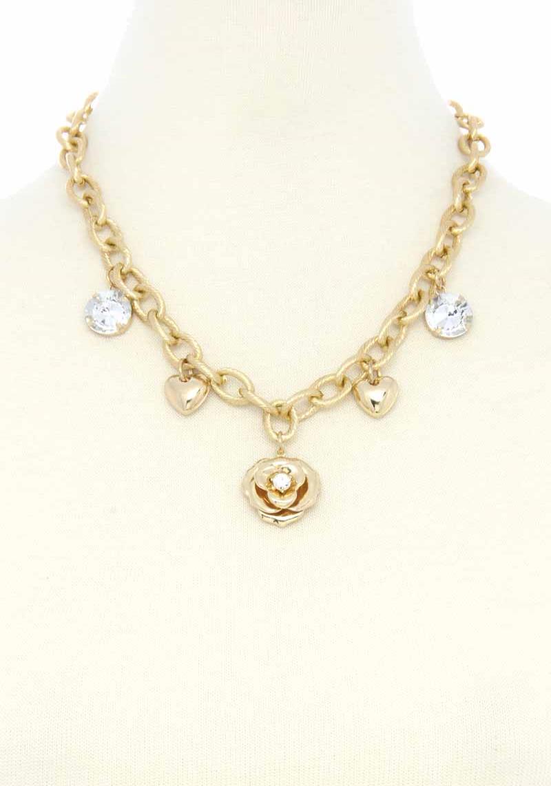 ROSE HEART CHARM OVAL LINK NECKLACE