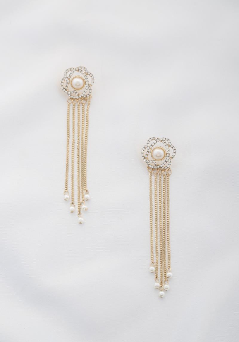 FLOWER STUD CHAIN TASSEL DANGLE EARRING