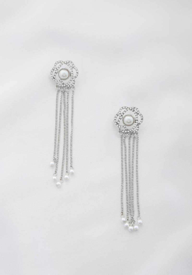 FLOWER STUD CHAIN TASSEL DANGLE EARRING