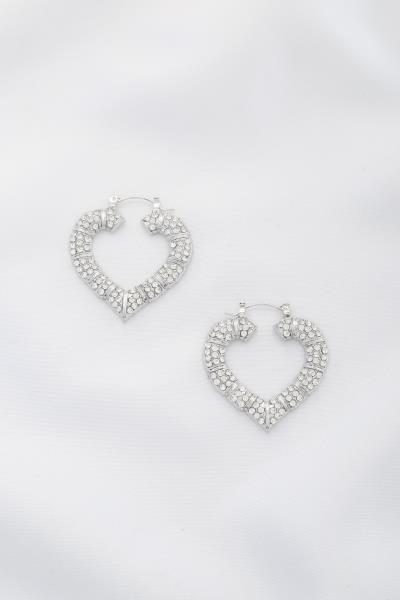 RHINESTONE BAMBOO SHAPE HEART HOOP EARRING