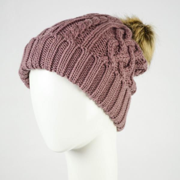 SOFT CABLE KNIT BEANIE WITH FAUX FUR POM