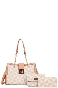 3IN1 TRIANGLE MONOGRAM SATCHEL BAG WITH CROSSBODY AND WALLET SET