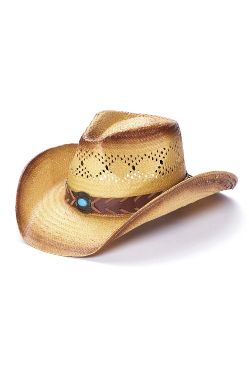TOYO STRAW VENTED WESTERN HAT- TURQUOISE TEA STAIN