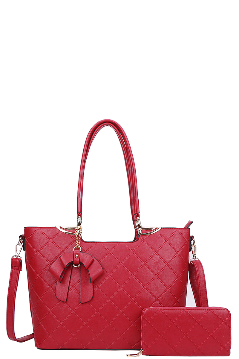 2IN1 CHIC QUILT STITCH BOW TOTE BAG WITH WALLET SET