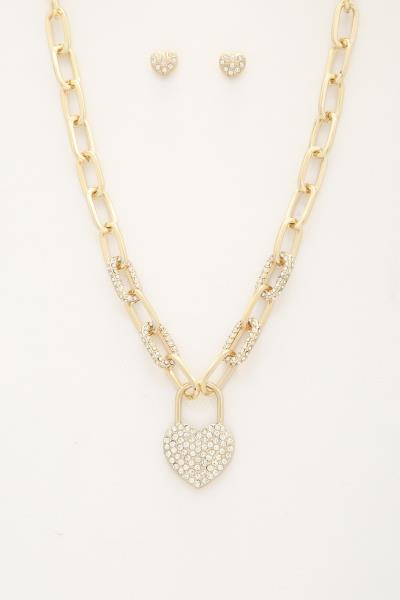 HEART LOCK RHINESTONE PAPER CLIP LINK NECKLACE