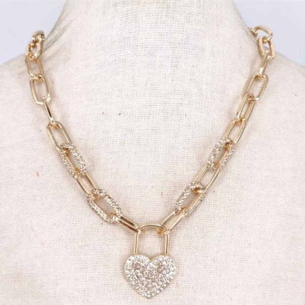 HEART LOCK RHINESTONE PAPER CLIP LINK NECKLACE