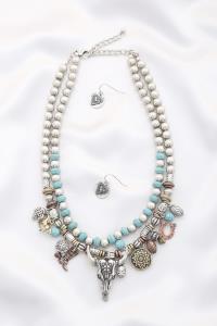 RODEO WESTERN CATTLE SKULL BEADED LAYERED NECKLACE