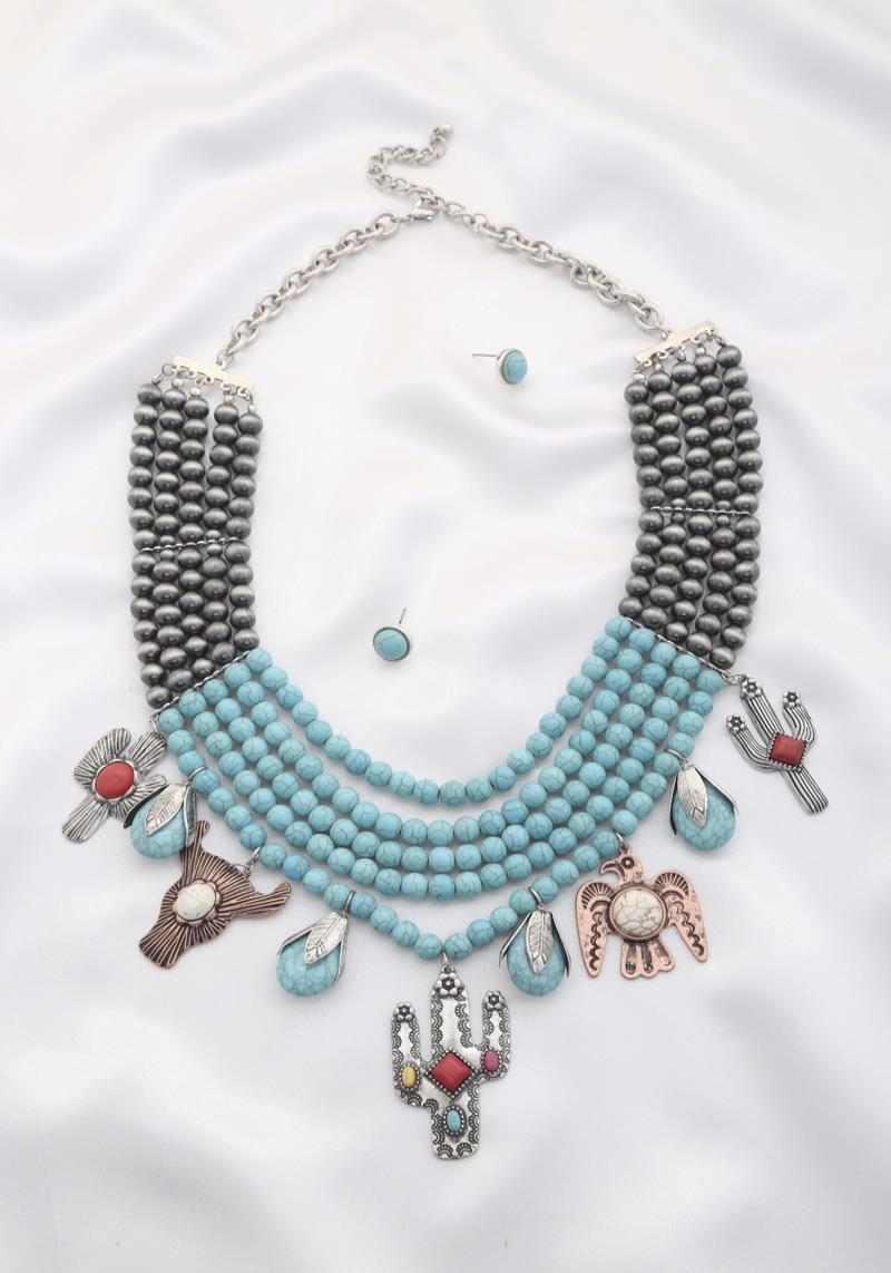 RODEO WESTERN CACTUS CATTLE HEAD CHARM BEADED NECKLACE