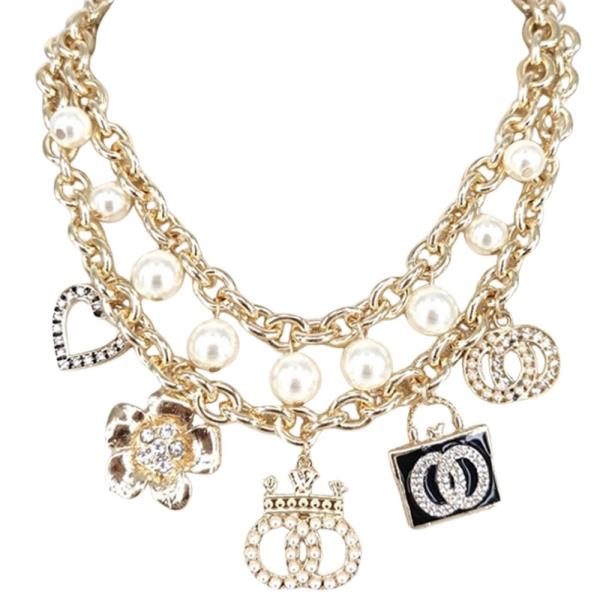 FLOWER DOUBLE CIRCLE CHARM OVAL LINK NECKLACE