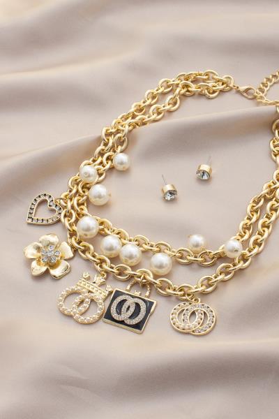 FLOWER DOUBLE CIRCLE CHARM OVAL LINK NECKLACE