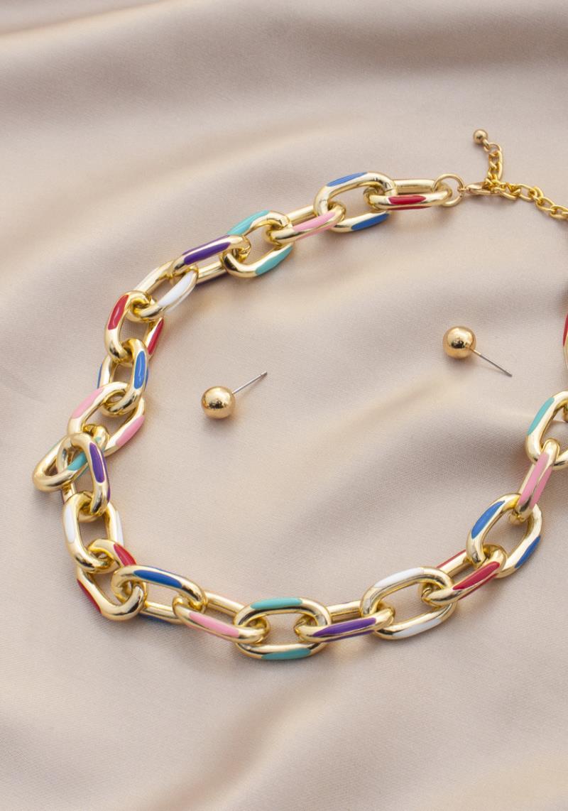 COLORFUL OVAL LINK METAL NECKLACE