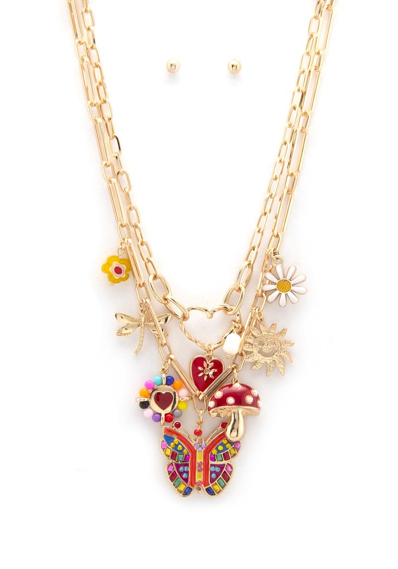 COLORFUL BUTTERFLY MUSHROOM CHARM LAYERED NECKLACE
