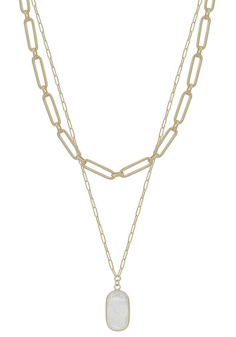 2 LAYERED METAL CHAIN STONE PENDANT NECKLACE