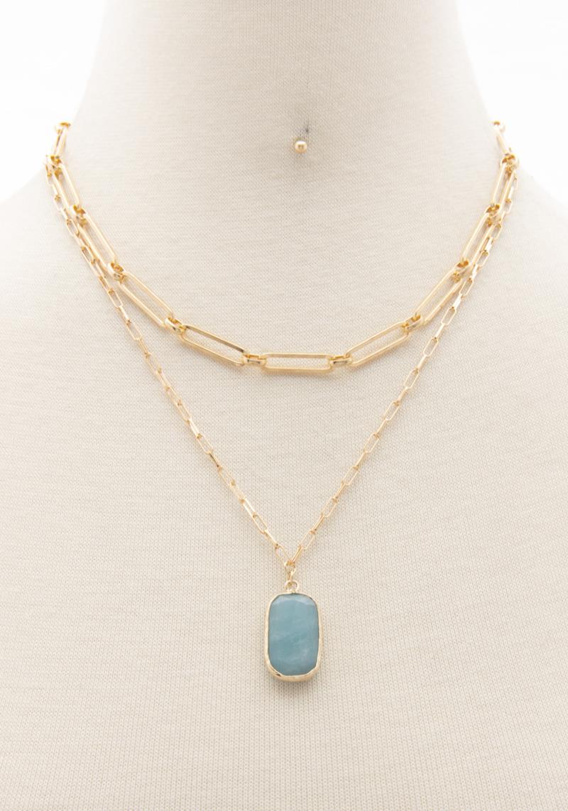2 LAYERED METAL CHAIN STONE PENDANT NECKLACE