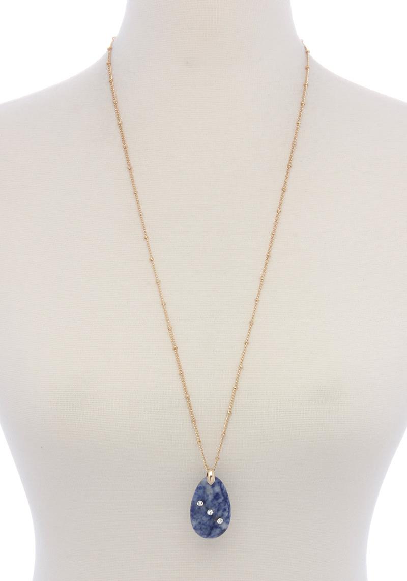 NATURAL STONE TEAR DROP SHAPE WITH RHINESTONE PENDANT NECKLACE