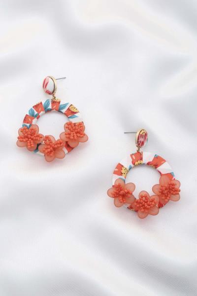 TRIPLE FLOWER FABRIC WRAP CIRCLE DANGLE EARRING