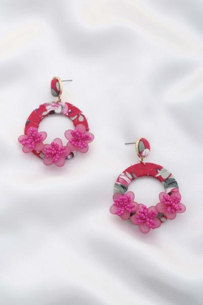 TRIPLE FLOWER FABRIC WRAP CIRCLE DANGLE EARRING