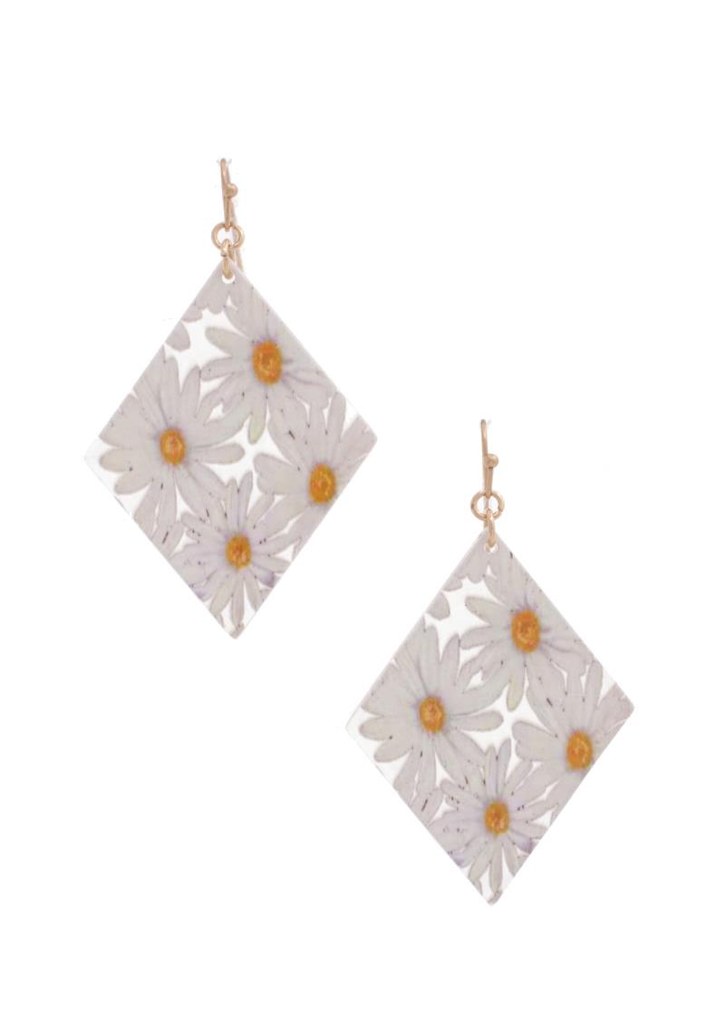 DAISY FLOWER PATTERN RHOMBUS SHAPE DANGLE EARRING