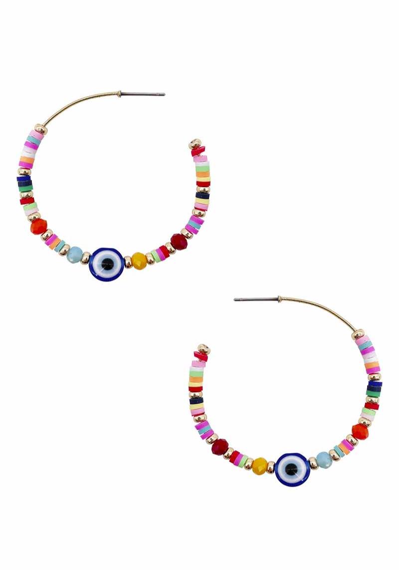 GLASS RUBBER DISC BEAD EVIL EYE HOOP EARRING