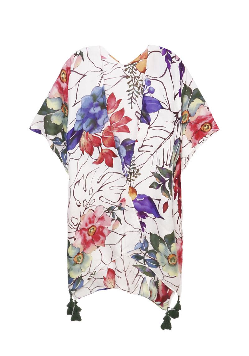 FLORAL PRINT KIMONO WITH TASSELS