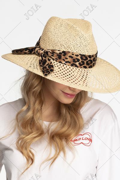 HONEYCOMB SHAPE PANAMA CC HAT WITH LEOPARD BAND TRIM  100% PAPER ADJUSTABLE STRING ONE SIZE 3.75" BRIM