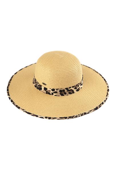 CC BRIM STRAW HAT WITH LEOPARD FABRIC PATTERN