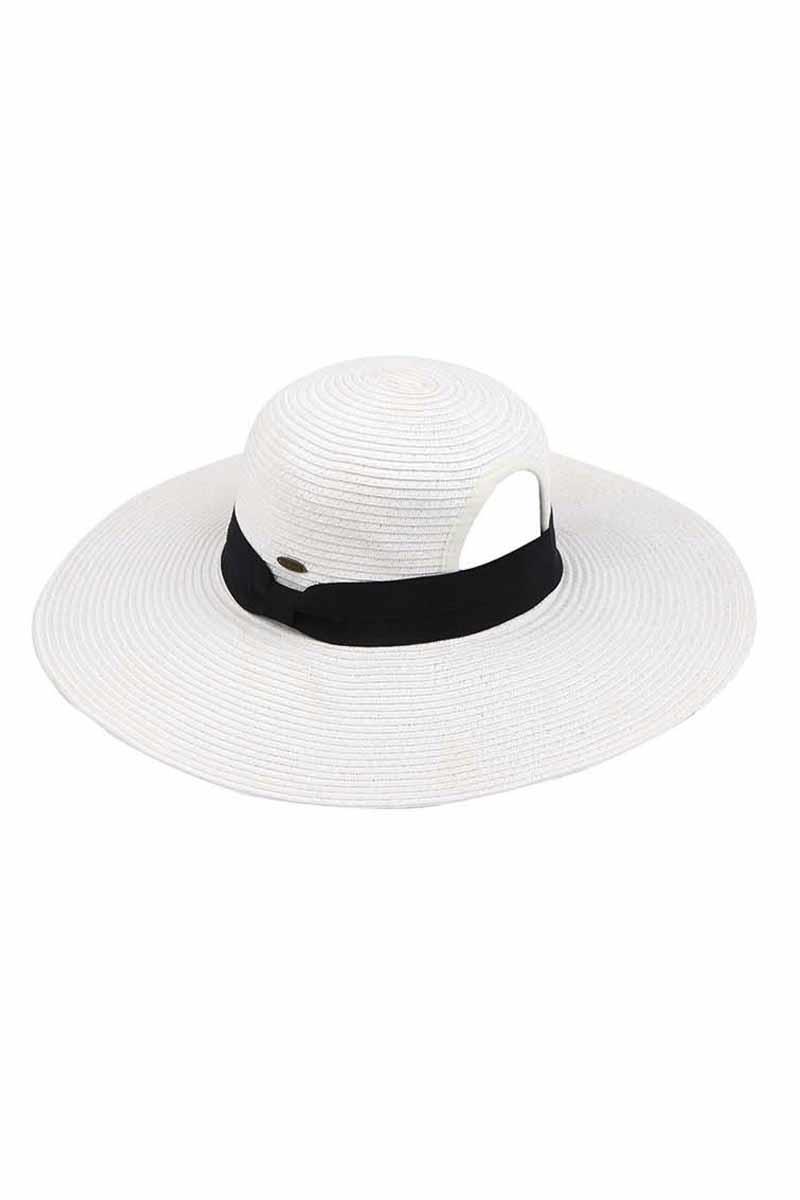 PAPER STRAW WIDE BRIM HAT WITH PONYTAIL OPENING