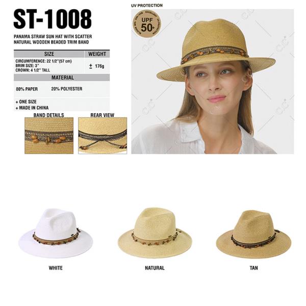 CC PANAMA STRAW SUN HAT WITH SCATTER NATURAL WOODEN BEADED TRIM BAND HAT