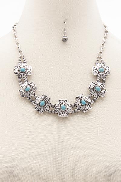 FASHION CHIC TURQUOISE OVAL STONE METAL CHAIN NECKLACE AND EARRING SET