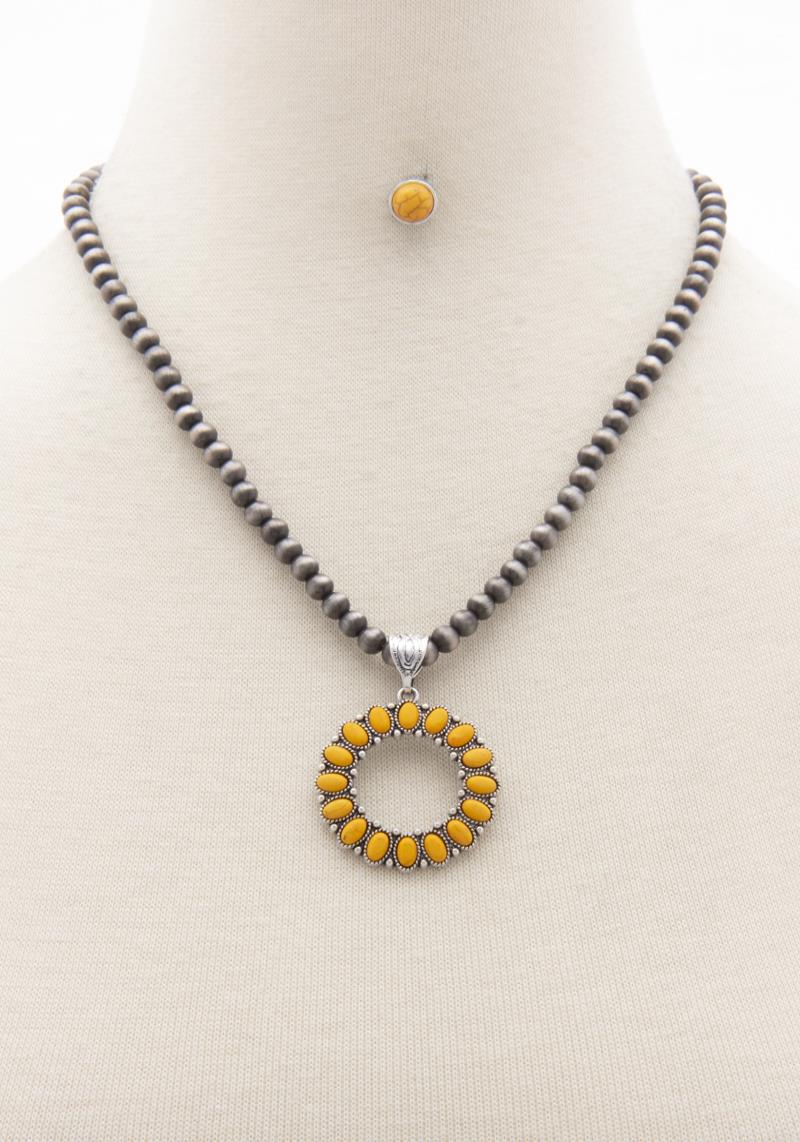 FASHION WESTERN STYLE STONE BEAD NECKLACE EARRING SET