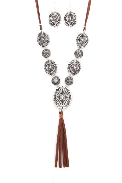 FASHION OVAL CIRCL METAL STRING TASSEL NECKLACE
