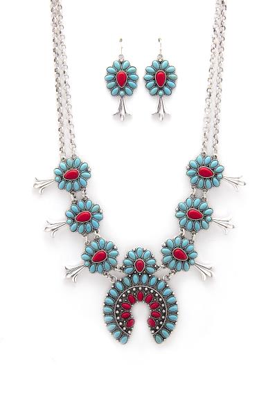 WESTERN FLORAL TURQUOISE STONE NECKLACE AND EARRING SET
