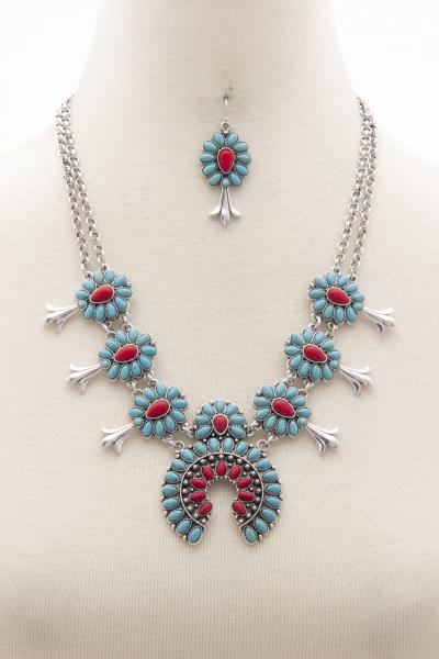 WESTERN FLORAL TURQUOISE STONE NECKLACE AND EARRING SET