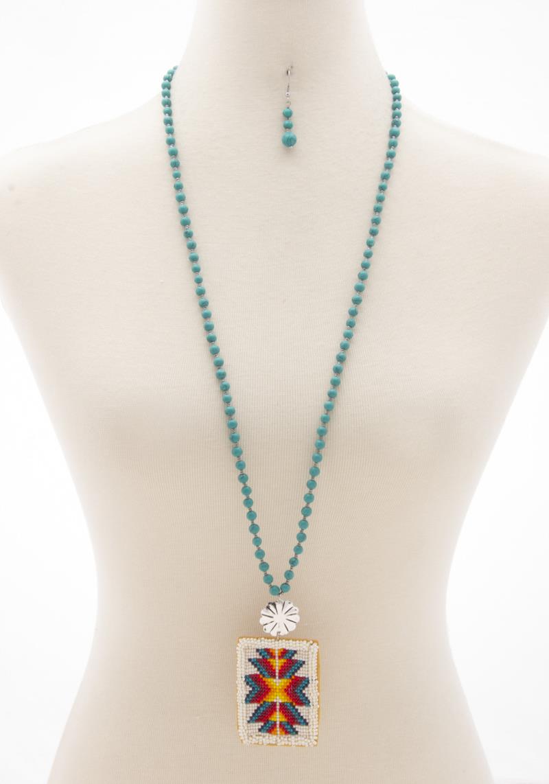 WESTERN PATTERN SEED BEAD RECTANGLE PENDANT NECKLACE