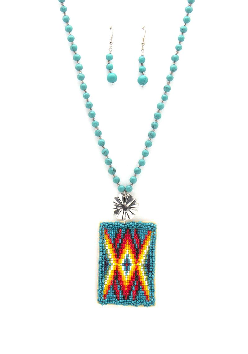 WESTERN PATTERN SEED BEAD RECTANGLE PENDANT NECKLACE