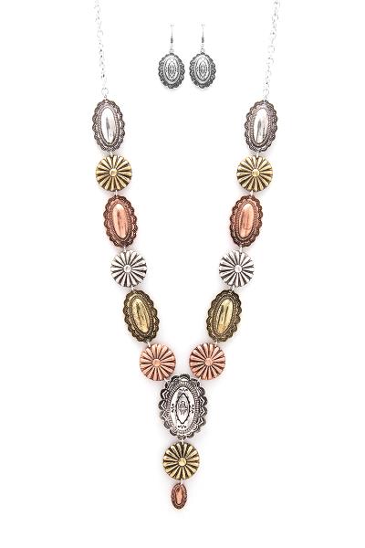FASHION METAL OVAL CIRCLE MULTI DESIGN NECKLACE AND EARRING SET