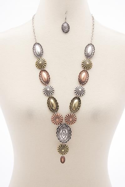 FASHION METAL OVAL CIRCLE MULTI DESIGN NECKLACE AND EARRING SET