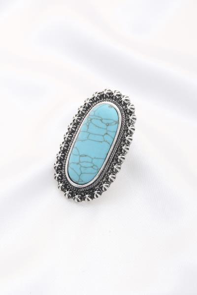 LONG OVAL FAUX TURQUOISE STONE METAL RING