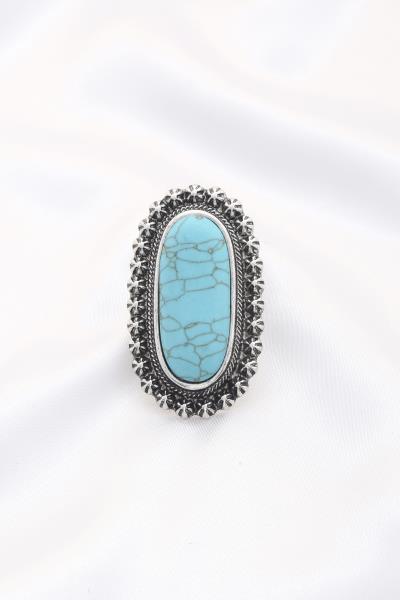 LONG OVAL FAUX TURQUOISE STONE METAL RING