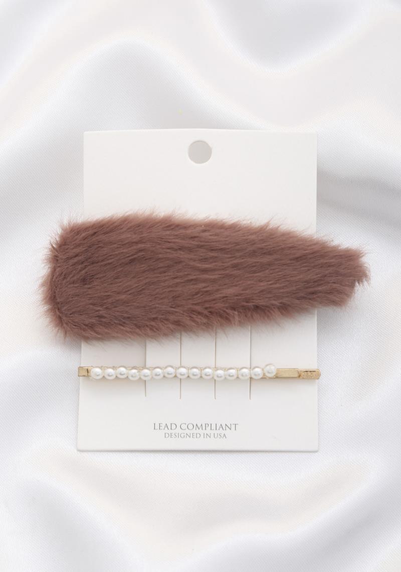 FAUX FUR PEARL BEAD HAIR CLIP SET