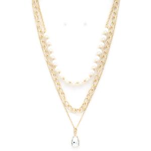 TEARDROP CRYSTAL PEARL BEAD LAYERED NECKLACE