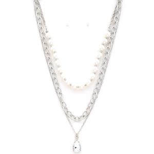 TEARDROP CRYSTAL PEARL BEAD LAYERED NECKLACE