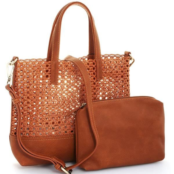 STREET LEVEL 2IN1 NATURAL WOVEN TWO TONE TOTE WITH LONG STRAP